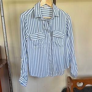 EUC Beachlunchlounge Navy and White Striped Shirt Pockets Sleeve Holds Small